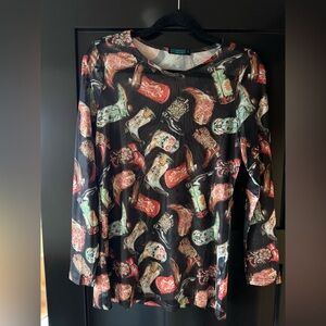 Colorful Cowboy Boot Print Mesh Top